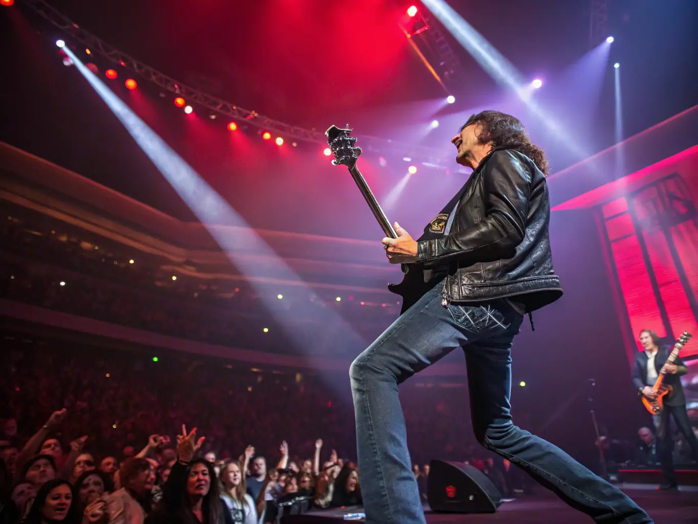 A vibrant image of a rock concert, showcasing a band performing on stage with a lively crowd, capturing the energy and excitement of a live music event organized by SPEED ROCK MACHINE.