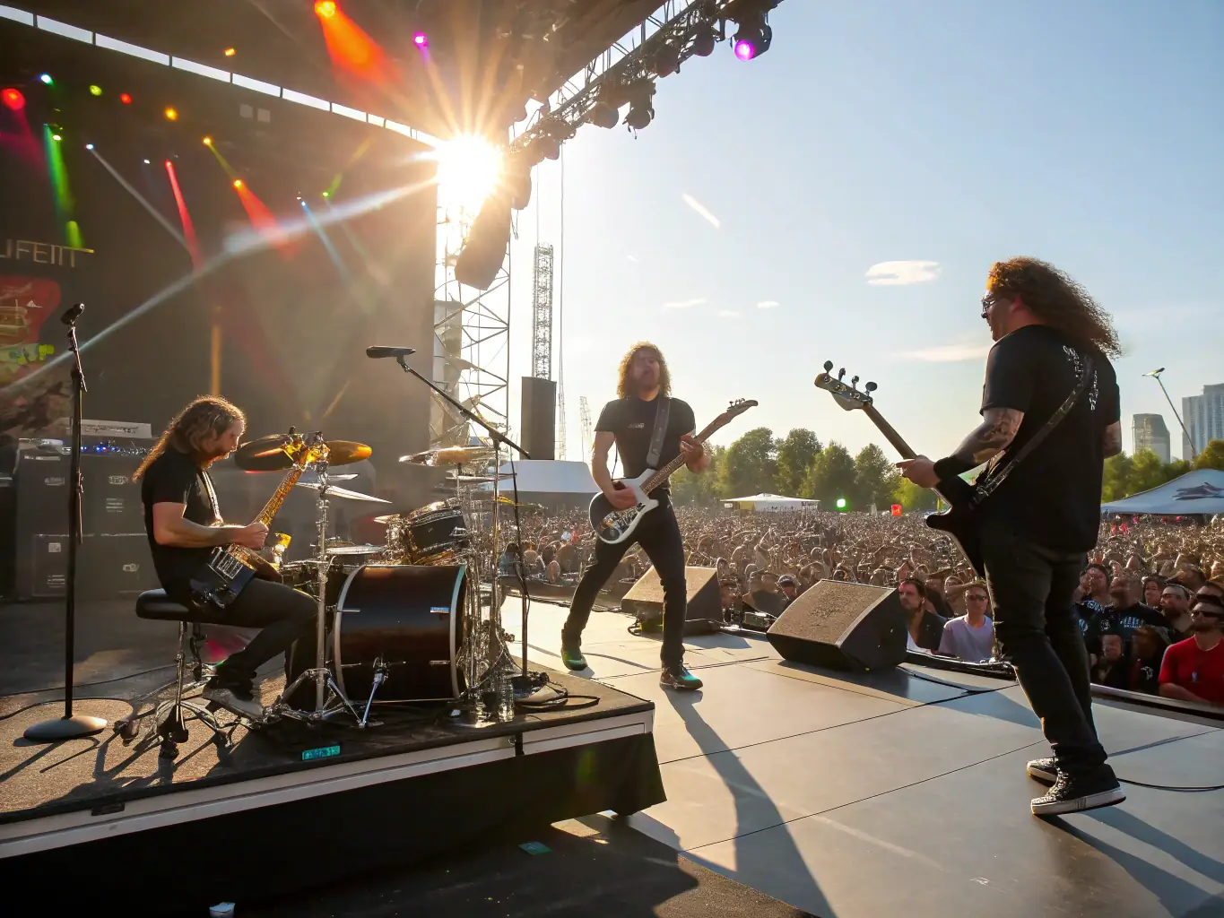 A vibrant photo capturing SPEED ROCK MACHINE members actively promoting the band at a local music festival, showcasing their enthusiasm and dedication.