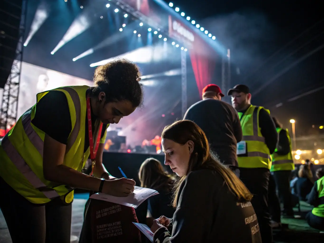 A dynamic image of volunteers organizing a music event, setting up equipment, and coordinating logistics, showcasing the fan club's dedication to event management.